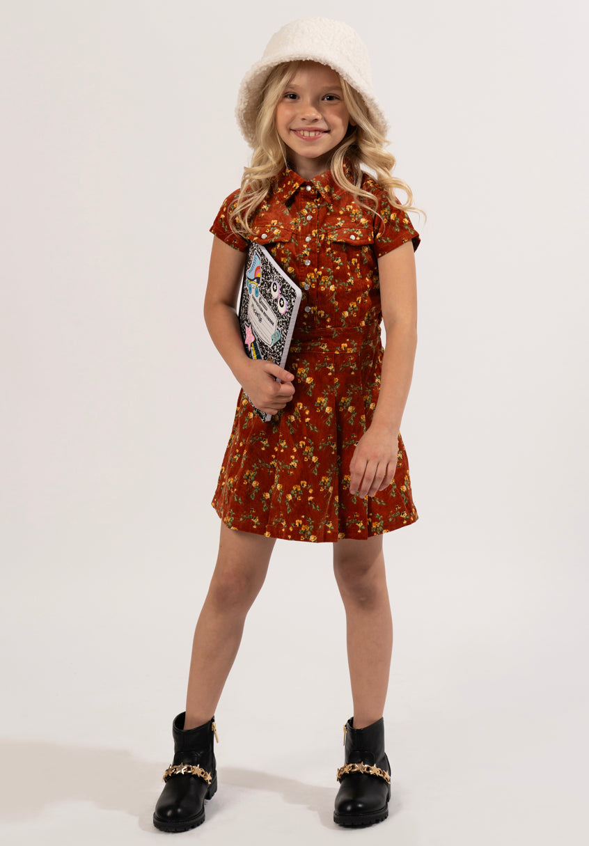 KIDPIK Girls Short Sleeve Autumn Floral Pleated Corduroy Shirtdress