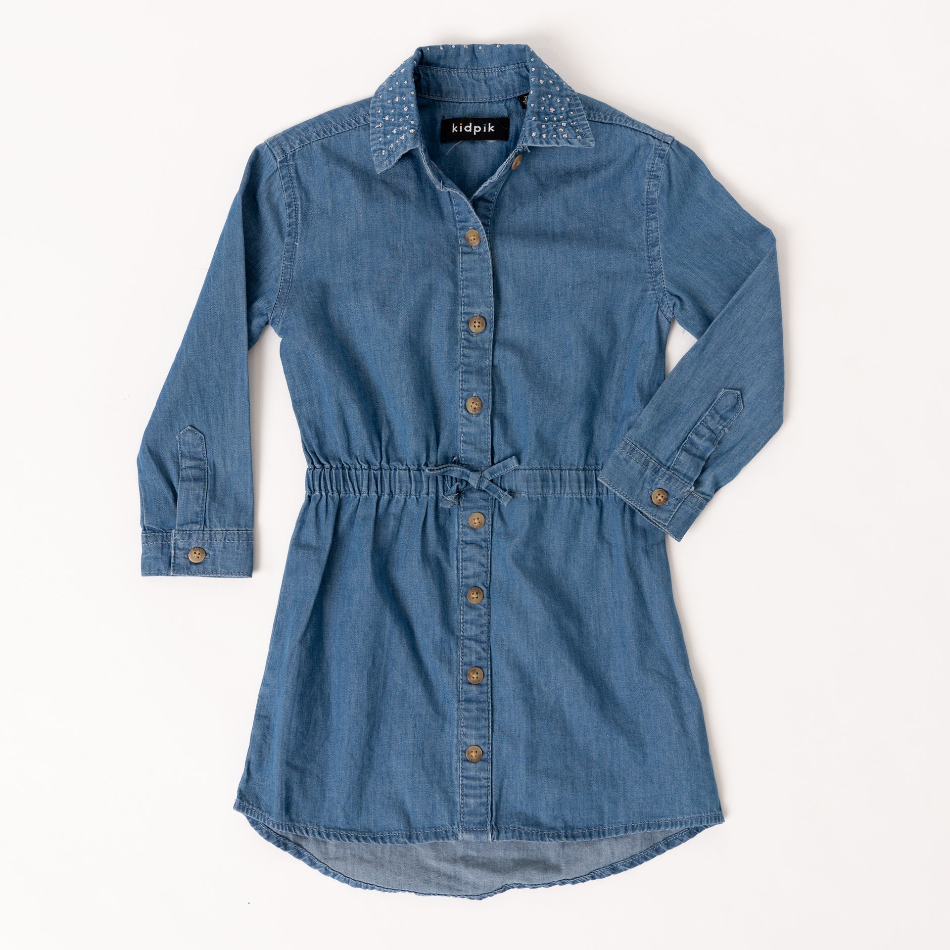 KIDPIK Girls Long Sleeve Rhinestone Collar Elastic Waist Denim Shirt Dress, Size: 2T