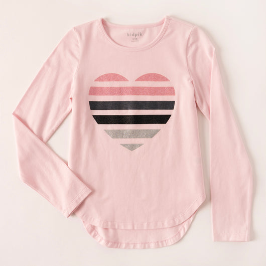 Glitter Stripe Heart Tee - Cherry Blossom