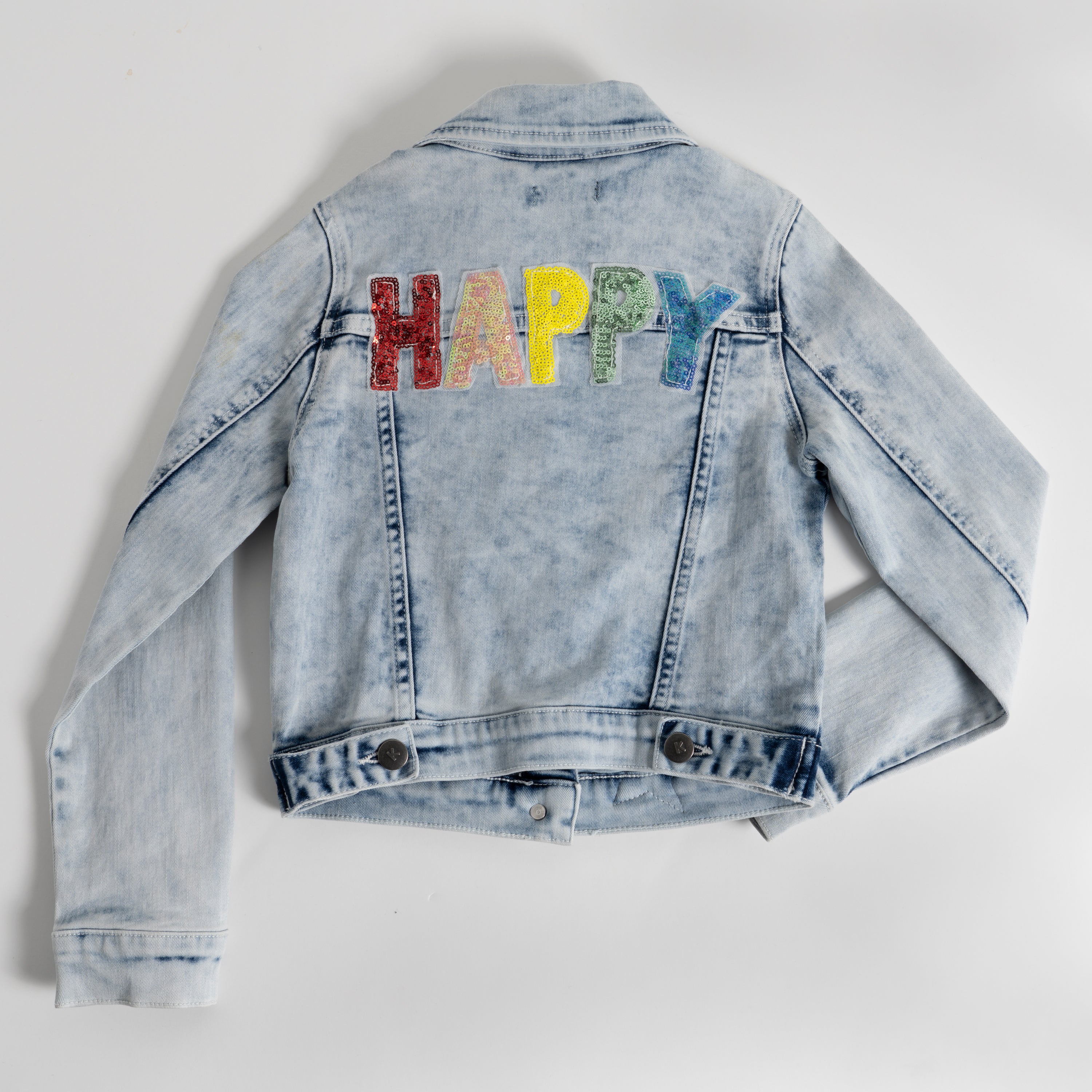 KIDPIK Girls Long Sleeve Sequin Patch Happy Denim Jean Jacket
