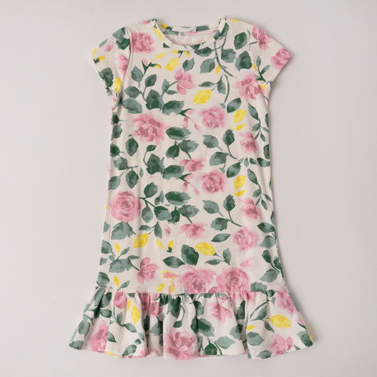 Watercolor Floral Ruffle Hem T-Shirt Dress - Prism Pink