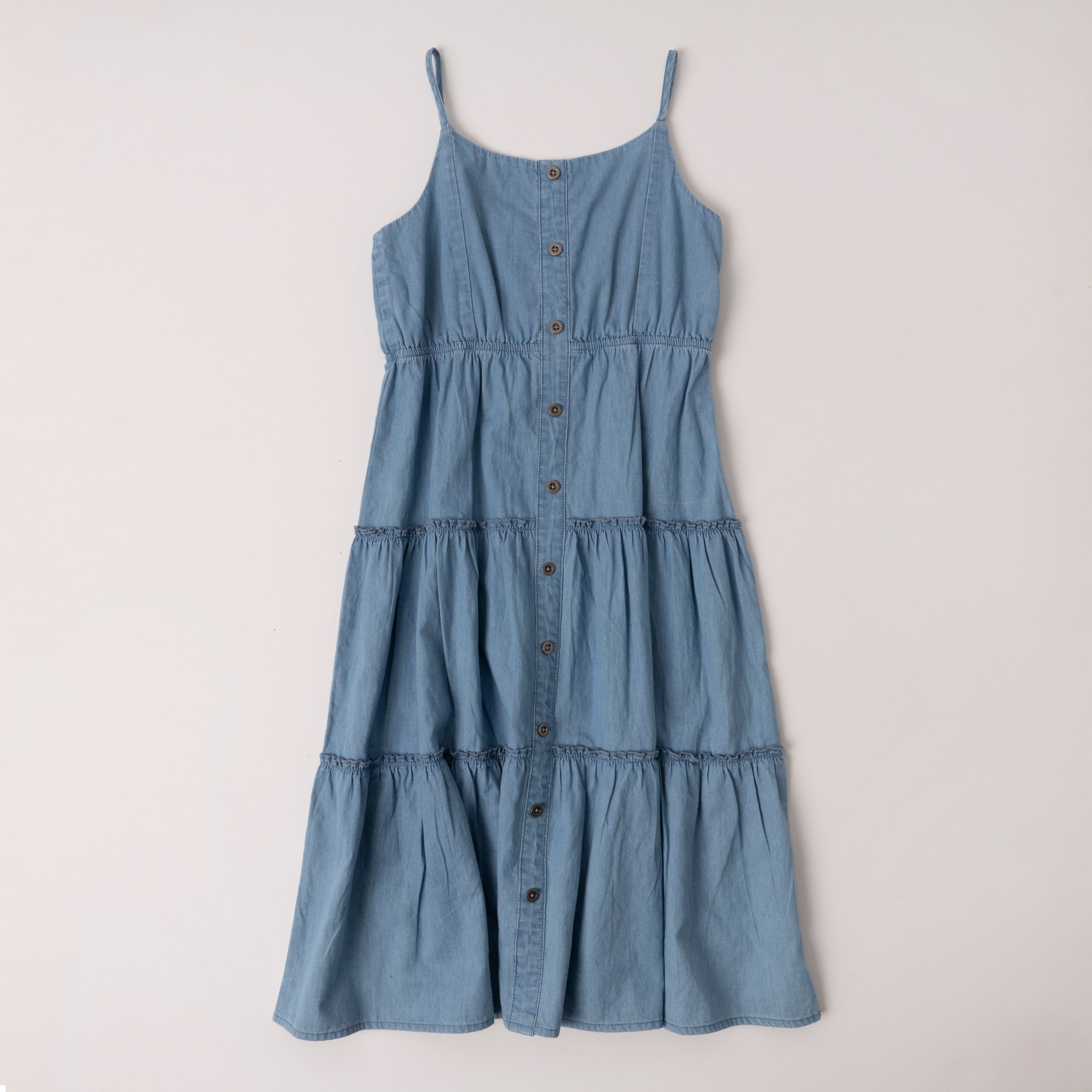 KIDPIK Girls Sleeveless Ruffle Denim Tiered Maxi Dress, Size 2T Persimmon Wash / 2T KIDPIK Girls Sleeveless Ruffle Denim Tiered Maxi Dress, Size 2T Persimmon Wash / 2T