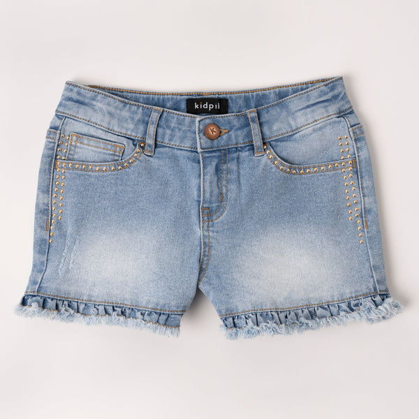 KIDPIK Girls 5 Pocket Studded Ruffle Fringe Hem Denim Short , Size