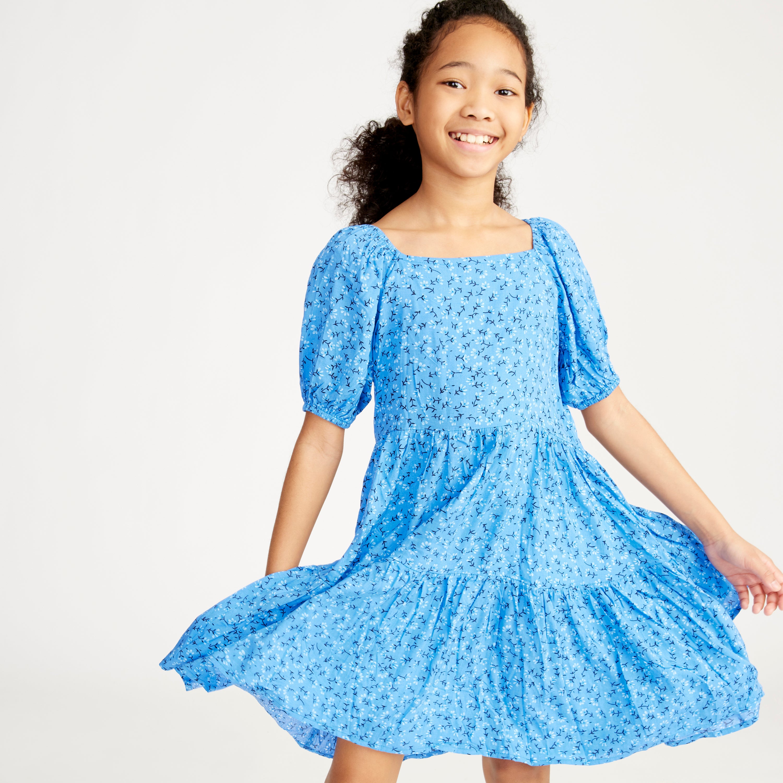 KIDPIK Girls Puff Sleeve Floral Pattern Baby Doll Tiered Dress