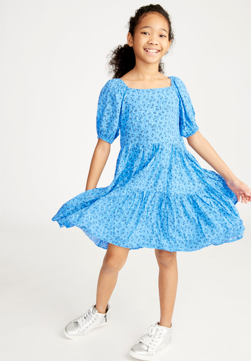 KIDPIK Girls Puff Sleeve Floral Pattern Baby Doll Tiered Dress